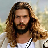 Detalhes da peruca masculina lace com fios ondulados naturais.